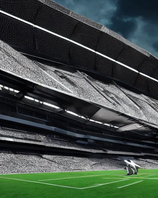 Image similar to a futuristic stadium with a giant black and white gundam on the field, the stadium has a full crowd, unreal engine, hyper realism, realistic shading, cinematic composition, realistic render, octane render, detailed textures, photorealistic, wide shot