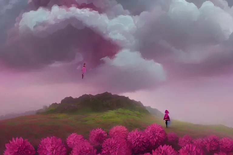 Prompt: giant dahlia flower face, girl walking on mountain, surreal photography, pink storm clouds, dramatic light, impressionist painting, digital painting, artstation, simon stalenhag