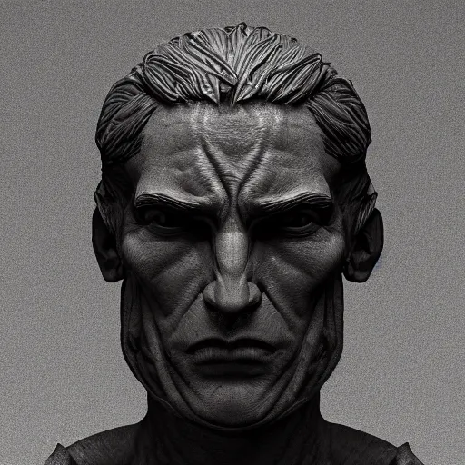 Image similar to a sculpture portrait of a man. black iron. black background. cast iron. gothic baroque. expressive eyes. symmetry. epic. ominous shapes. hyper detailed. lighting from the bottom, sharp shadows. photoreal. octane render. trending on artstation