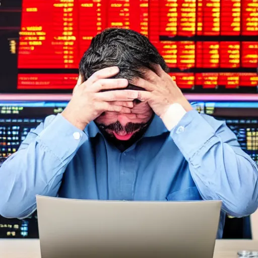 Prompt: a day trader crying in front of a computer