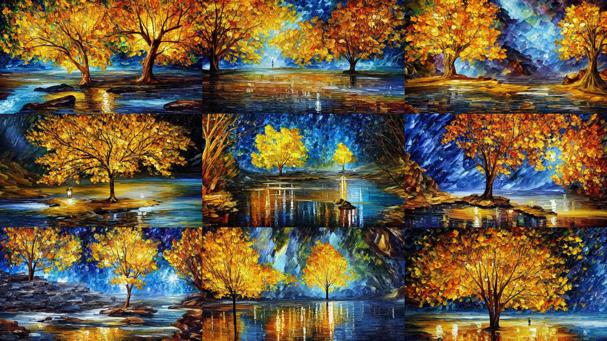 Prompt: A beautiful, highly detailed, very realistic oil painting of a single golden tree, next to a small river, glowing bright blue in the middle of a huge, very dark cave, with lots of dark grey rocks, oil painting by Afremov.
