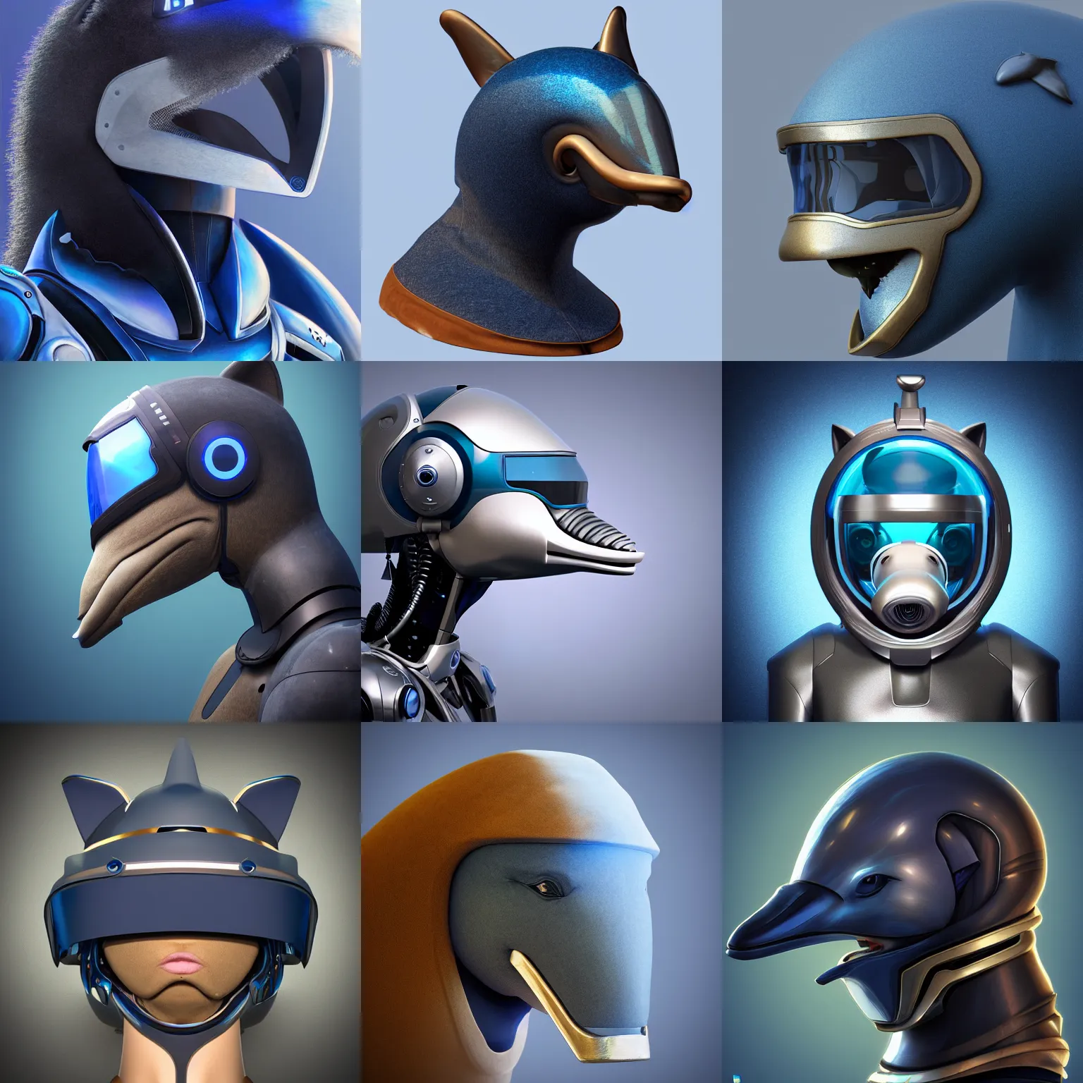 Prompt: very very beautiful furry art, bust profile picture of a robotic anthro bottlenose dolphin, face covered by opaque visor, truncated snout under visor, round shapes, all dark blue metal, commission on furaffinity, cgsociety, octane render