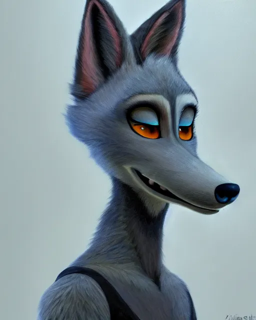 Image similar to oil painting of anthromorphic female wolf, in style of zootopia, female fursona, furry, furaffinity, 4 k, deviantart, furry art, fursona art, wearing black business suit, business suit, wolf fursona, female, very expressive detailed feminine face,