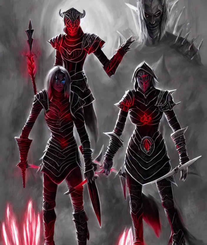 Image similar to Member of the Morag Tong and a member of the Dark Brotherhood team up against a Dark Elf in Daedric armor with white hair and glowing red eyes, Hyper realism, glow, runes, magic, morrowind, Oblivion, Skyrim, dark, gloomy