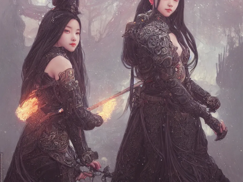 Image similar to portrait jisoo blackpink, grey hair armored samurai clothes, in fire japanese temple wet night, ssci - fi and fantasy, intricate and very very beautiful and elegant, highly detailed, digital painting, artstation, concept art, smooth and sharp focus, illustration, art by tian zi and wlop and alphonse mucha