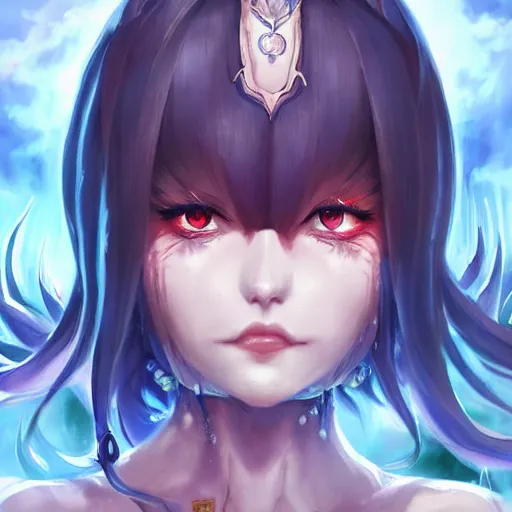 Image similar to character concept art of an anime demon goddess | | cute - fine - face, pretty face, fangs, realistic shaded perfect face, fine details by stanley artgerm lau, wlop, rossdraws, james jean, andrei riabovitchev, marc simonetti, and sakimichan, tranding on artstation