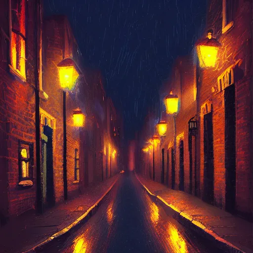 Image similar to A quaint, magical London street at night, narrow street, Stratford-upon-Avon, digital painting by Alena Aenami, trending on artstation