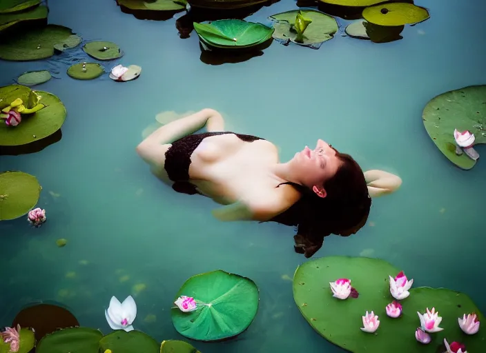 Image similar to half face in the water, nose eyes and mouth out of the water Kodak Portra 400, 8K, soft light, volumetric lighting, highly detailed, britt marling style 3/4, photo close-up portrait of extreme beautiful girl floating in water surrounded by lily pads, half face in the water, a beautiful lace dress and hair are intricate with highly detailed realistic beautiful flowers , Realistic, Refined, Highly Detailed, natural outdoor soft pastel lighting colors scheme, outdoor fine art photography, Hyper realistic, photo realistic