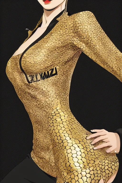 Image similar to yakuza slim girl, gold suit jacket in snake print, jacket over bare torso, yakuza tattoo on body, black short curtain haircut, black leather pants with black belt, elegant, 2d, ultra highly detailed, digital painting, smooth, sharp focus, artstation, art by Ilya Kuvshinov