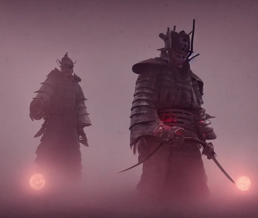 Image similar to 'a samurai! haunted by souls and ghosts with a big full moon on background , gloomy and foggy atmosphere, octane render, artstation trending, horror scene, highly detailded'