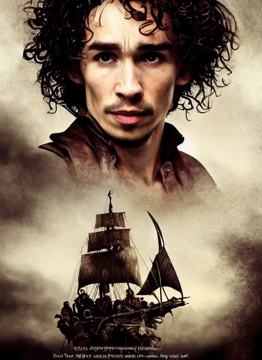 Image similar to a beautiful painting portrait movie poster of Robert Sheehan in Pirates of the Carribean 6, matte painting, fantasy art, dark but detailed digital art, highly detailed, a masterpiece trending on artstation. Robert Sheehan as a young but messy pirate and layabout in this HD preview poster