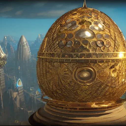 Image similar to enormous flying city in a faberge egg, sky, steampunk, fantasy art, masterpiece, unreal engine 5