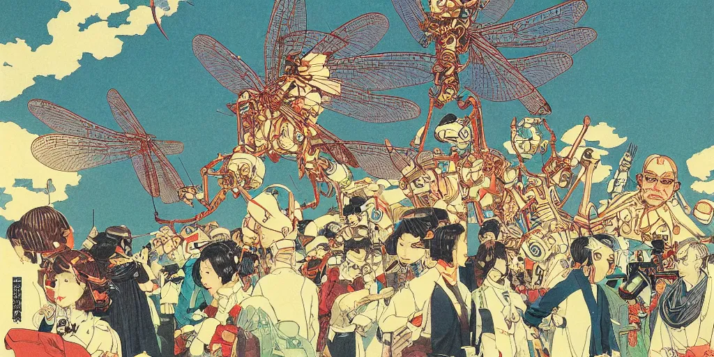 Image similar to gigantic dragonflies with human faces catch tiny robots, a lot of exotic mechas robots around, human heads everywhere, risograph by kawase hasui, dirtyrobot, edward hopper, satoshi kon and moebius, colorful flat surreal design, super - detailed, a lot of tiny details, full - shot, grainy