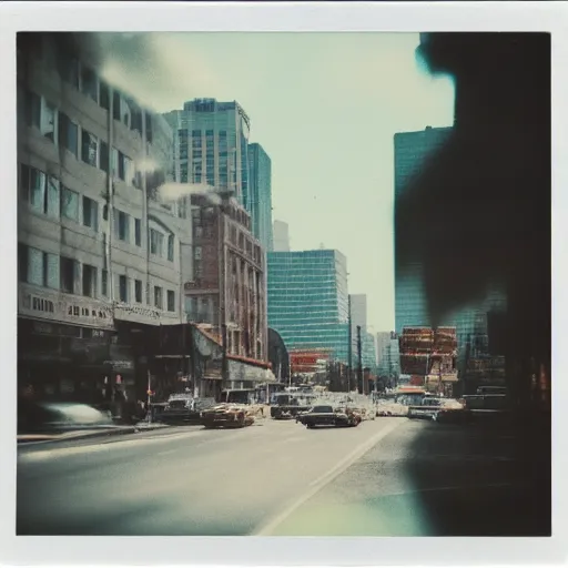 Image similar to instant photograph of a city in 1979, polaroid, raw, light leak, clouds