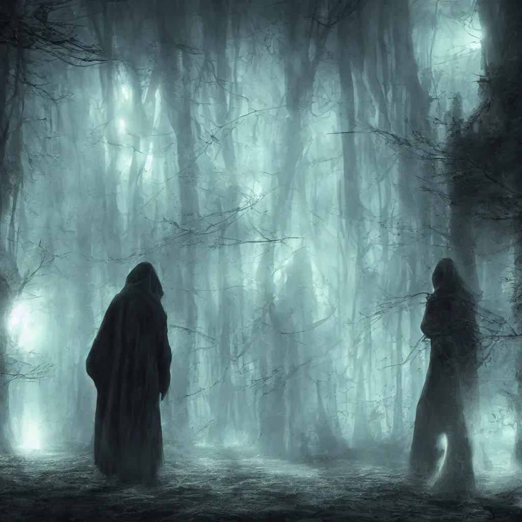 Prompt: high drama, distant hooded figures, hdr, glowing luminescent invocations, diffuse magic, movie still, intricate highly detailed mystical prisms, fully photorealistic, artstation, beautiful concept art, smoothened, sharp luminescent focus, nd 6, sony fx 6