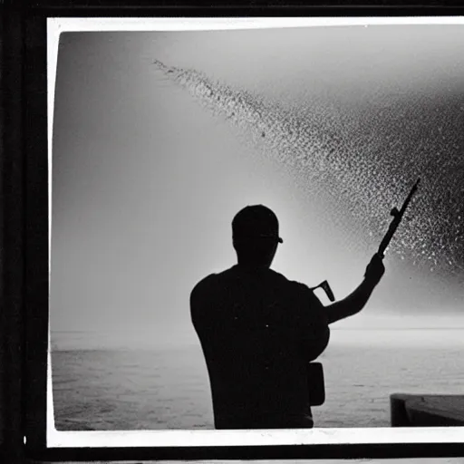 Prompt: Florida man aiming a shotgun at a hurricane, the word Murica in fireworks across the sky, photo, realistic, film grain, back and white