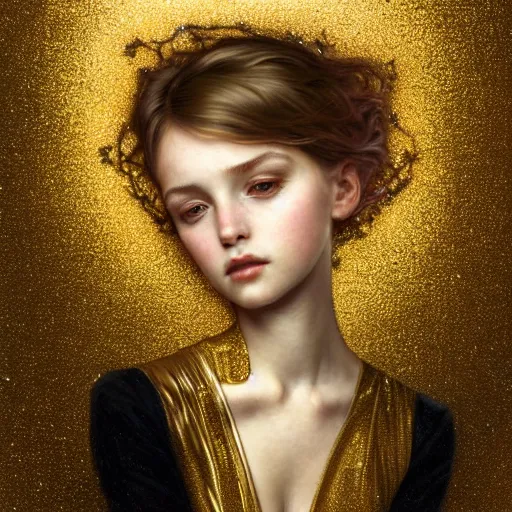 Prompt: portrait of a girl surrounded by shimmering reflective gold flakes, face, fantasy, intricate, elegant, dramatic lighting, highly detailed, lifelike, photorealistic, digital painting, artstation, concept art, smooth, sharp focus, illustration, art by John Collier and Krenz Cushart and Artem Demura and Alphonse Mucha and and Albert Aublet