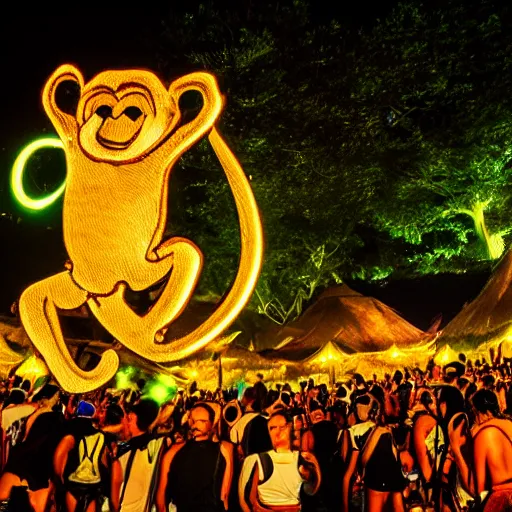 Image similar to A monkey at ozora festival by night