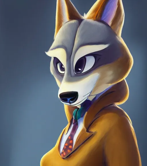 Image similar to oil painting of anthromorphic female wolf, in style of zootopia, zootopia, zootopia, fursona, furry, furaffinity, 4 k, deviantart, furry art, fursona art, wearing black business suit, business suit, in style of zootopia, wolf fursona, cyberpunk, female, expressive detailed feminine face,