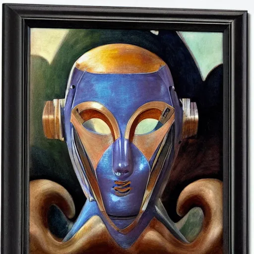 Prompt: the last guest in her Art Deco robot mask, by Annie Swynnerton and Diego Rivera, symbolist, dramatic lighting, elaborate geometric ornament, god rays, soft cool colors,smooth, sharp focus, extremely detailed