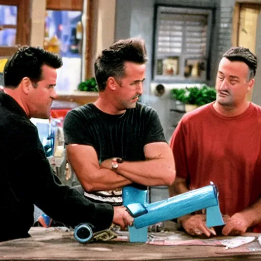 Image similar to A scene from Friends where Joey and Chandler starts to build a rocket from scratch