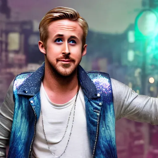 Image similar to Ryan Gosling with silver-violet hair, white eyes inflated press and denim glittery vest, wide lens, diorama, 4k,