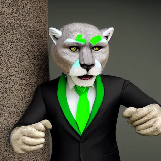 Image similar to white mountain lion hybrid ape, black suit, tie, green eyes, smile, portrait, full HD 8k, ultra realistic cinematic octane render