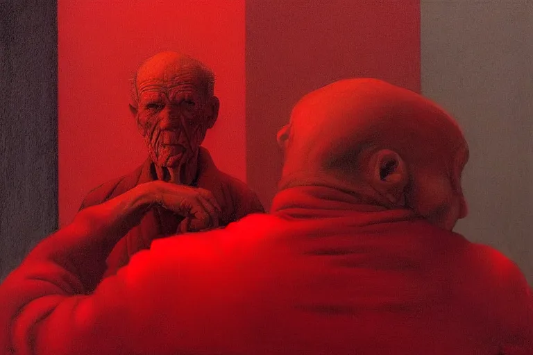 Prompt: only with red, a red old man try to sell a portrait, in a square, crowd cheering, in the style of beksinski, parts by edward hopper, parts by rodcenko, parts by yue minjun, intricate and epic composition, red by caravaggio, insanely quality, highly detailed, masterpiece, red light, artstation, 4 k