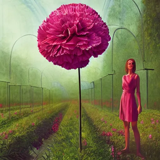 Image similar to giant carnation flower head, woman standing in greenhouse, surreal photography, dramatic light, impressionist painting, digital painting, artstation, simon stalenhag