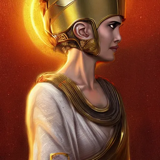 Image similar to Natalie Portman as ancient greek woman in golden helmet, giant grey-haired bearded George Clooney head in the sky, epic fantasy style art, fantasy epic digital art