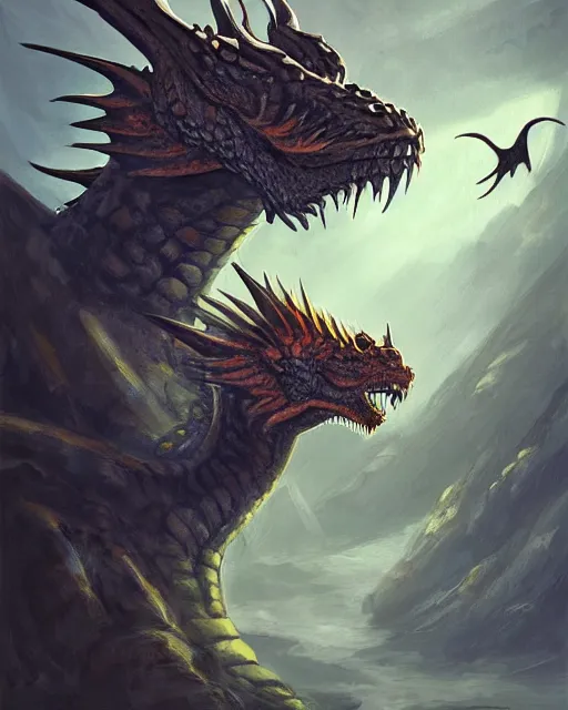 Prompt: ''face portrait of dragon, rule of thirds, fantasy, mountain landscape, d & d, digital painting, artstation, deviantart, concept art, illustration, art by dragolisco and anne stokes and nico niemi''