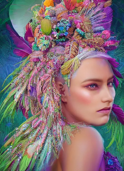 Image similar to beautiful portrait render of a veiled queen wearing fantastic dress,embellished beaded feather decorative fringe knots ,colorful pigtail,subtropical flowers and plants,perfect symmetrica body shape,symmetrical face,intricate,elegant,highly detailed,8k,post-processing,digital painting,trending on pinterest,harper's bazaar,concept art, sharp focus, illustration, by artgerm,Tom Bagshaw,Lawrence Alma-Tadema,greg rutkowski,golden ratio