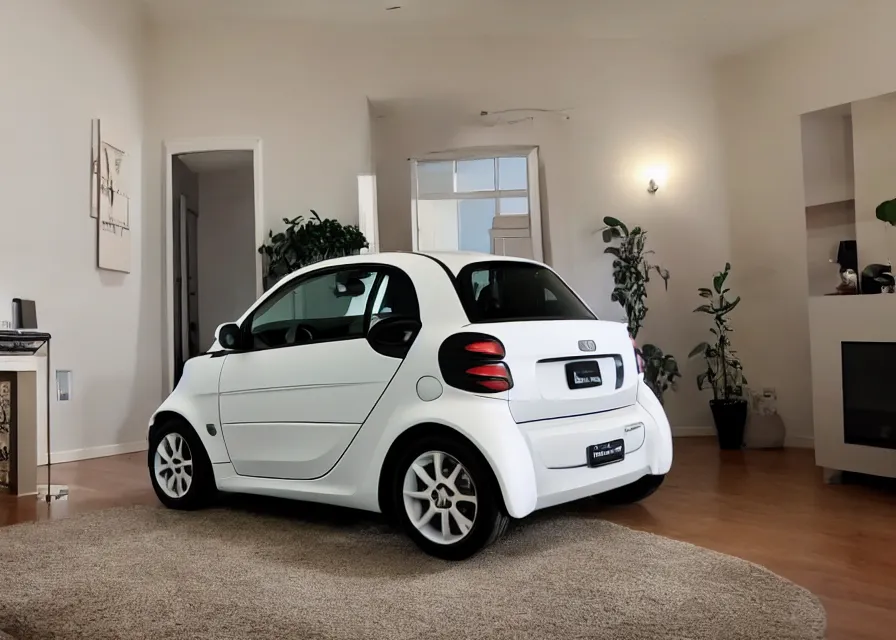 Prompt: photo of a smart car parked in a living room, wide angle