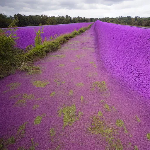 Image similar to magic purple corrupted kudzu spreads across abandoned highway