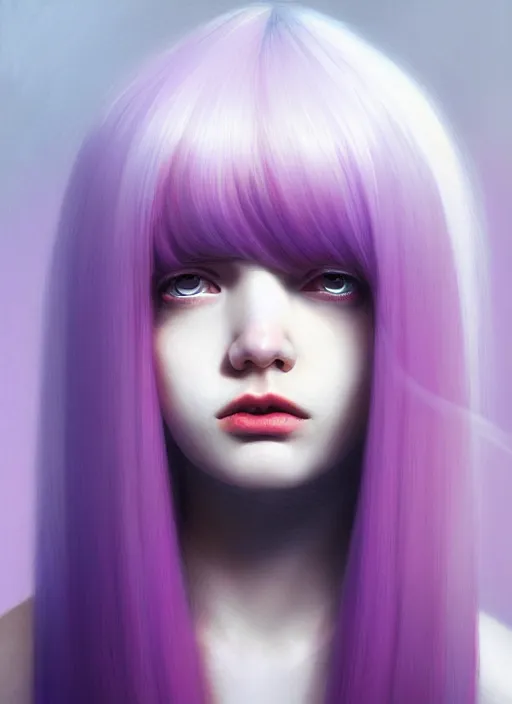 Image similar to hair whitebangs hair, black hair, whitebangs, portrait of teenage girl with white bangs, red irises, purple clothes, white bangs, bangs are different color from hair, intricate, elegant, glowing lights, highly detailed, digital painting, artstation, concept art, smooth, sharp focus, illustration, art by wlop, mars ravelo and greg rutkowski