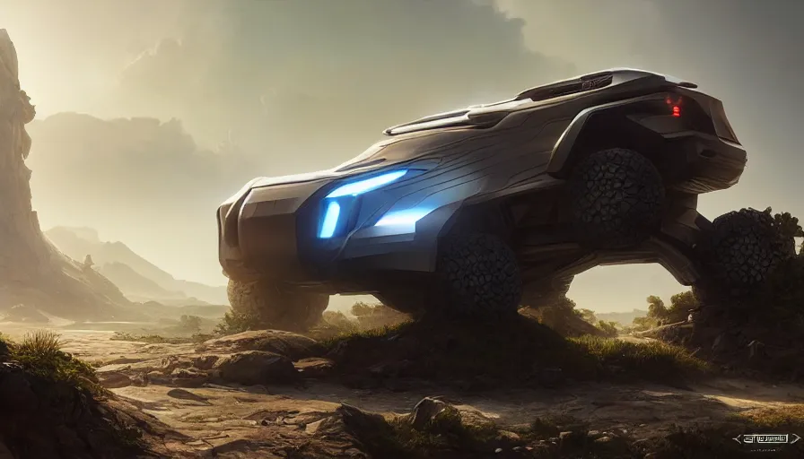 Image similar to a futuristic offroad suv designed by apple on socotra island, artgerm and greg rutkowski and alphonse mucha, an epic fantasy, volumetric light, detailed, trending on art station, octane render, midsommar