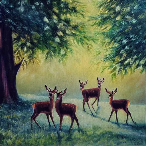 Image similar to “deer by a house oil panting”