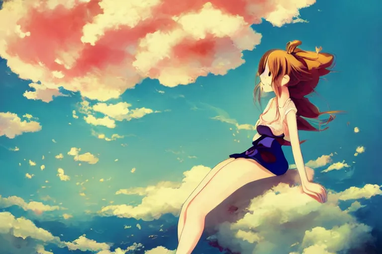 KREA - a cute beautiful anime girl sitting on a cloud relaxing