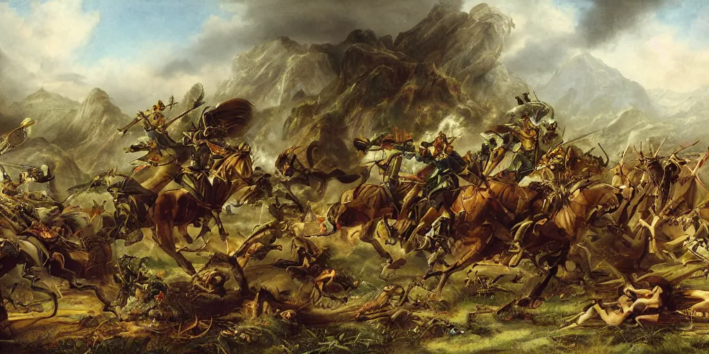 Image similar to an epic battle artwork by eugene von guerard