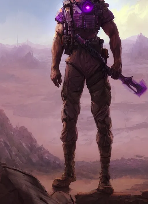 Prompt: purple lighting, detailed character concept illustration, strong muscular mature soldier in a soldier uniform, desert with city in the background, sharp focus, illustration, highly detailed, digital painting, concept art, matte, art by wlop and artgerm and greg rutkowski, masterpiece