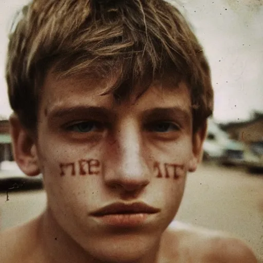 Prompt: a teenage boy, around 1 9 years old with necklace, natural brown hair, loincloth, pale skin. as homeless. detailed face. ominous and eerie looking street in background. natural color. hyperrealistic photo.