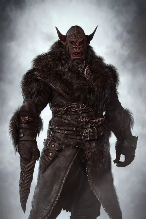 Image similar to A full body shot of a handsome orc looking into the camera wearing a leather fur jacket and leather boots, full body shot, detailed face, orc, orcish, portrait, artstation, realistic, highly detailed, symmetrical, D&D, Dungeons & Dragons, hyper realistic, dynamic pose, high detail, octane render, unreal engine, 8k, fantasy art, highly detailed, dramatic lighting, concept art