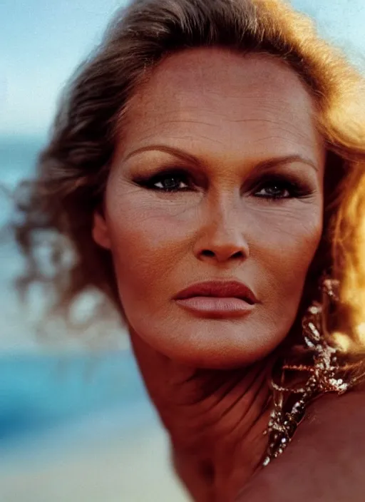 Image similar to A hyper realistic and detailed head portrait photography of Ursula Andress of Dr No walking on a secluded beach. by William Egglestone. Synthwave style. Cinematic. Golden Hour. Kodak Portra 400. Lens flare. 85mm lens