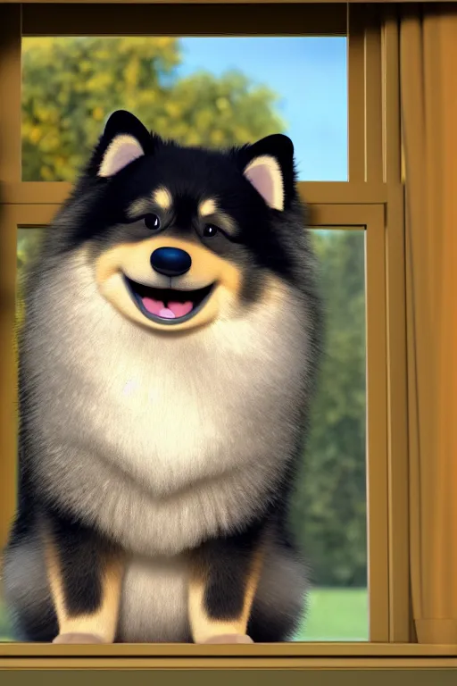 Image similar to happy finnish lapphund dog holding a crown at house window. Pixar Disney 4K 3d render funny animation movie Oscar winning trending on ArtStation and Behance. Ratatouille style.