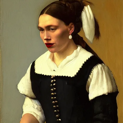 Image similar to detailed portrait of jacinda ardern as an 1890s milkmaid painted by vermeer