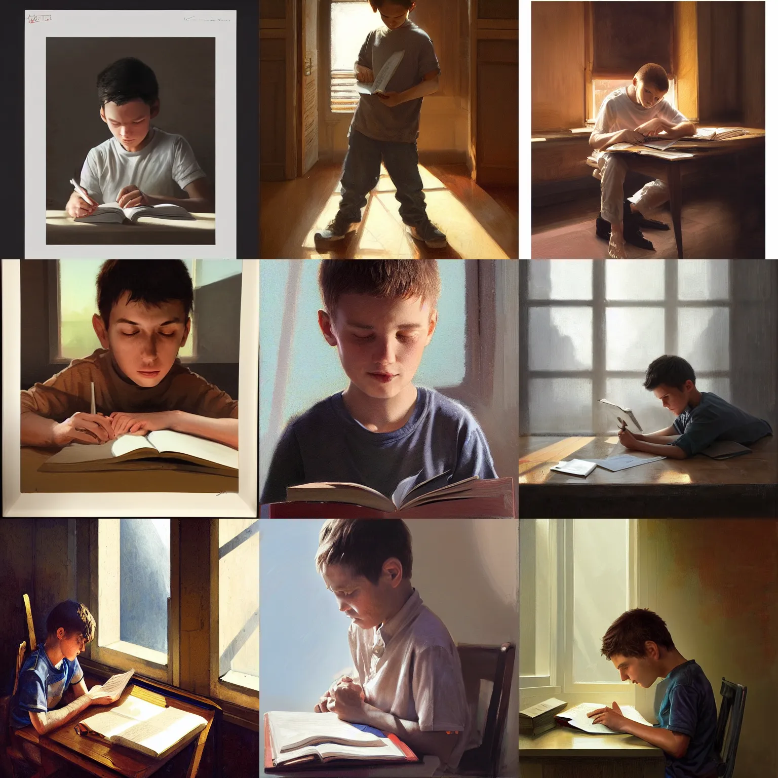 Prompt: dedicated face of a boy studying, focused and in flow in the morning light. oil painting by nuri iyem, james gurney, james jean, greg rutkowski, highly detailed, soft lighting, chiaroscuro