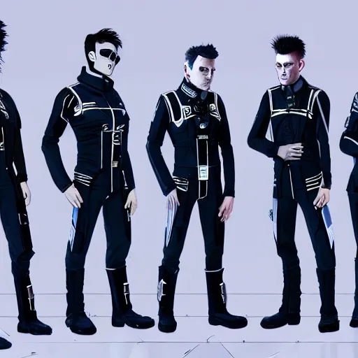 Image similar to Group art of Starset in sci fi uniforms; hyper realistic, high detail, unreal engine, artstation, deviantart