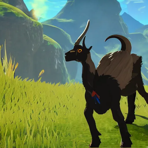 Prompt: a humanoid black goat wizard in breath of the wild, screenshot