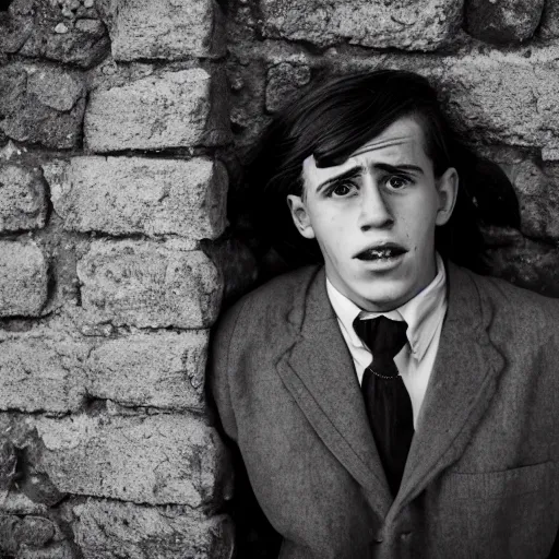 Image similar to Portrait of an utterly terrified young man on the verge of panic tears in 1930s attire with long hair cornered against a stone wall. He looks utterly panicked and distressed. 4K sigma 85mm