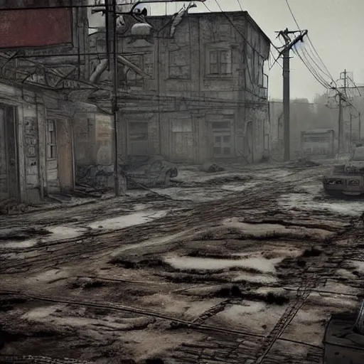 Prompt: gloomy detailed landscape of small russian town in postapocalyptic fallout style